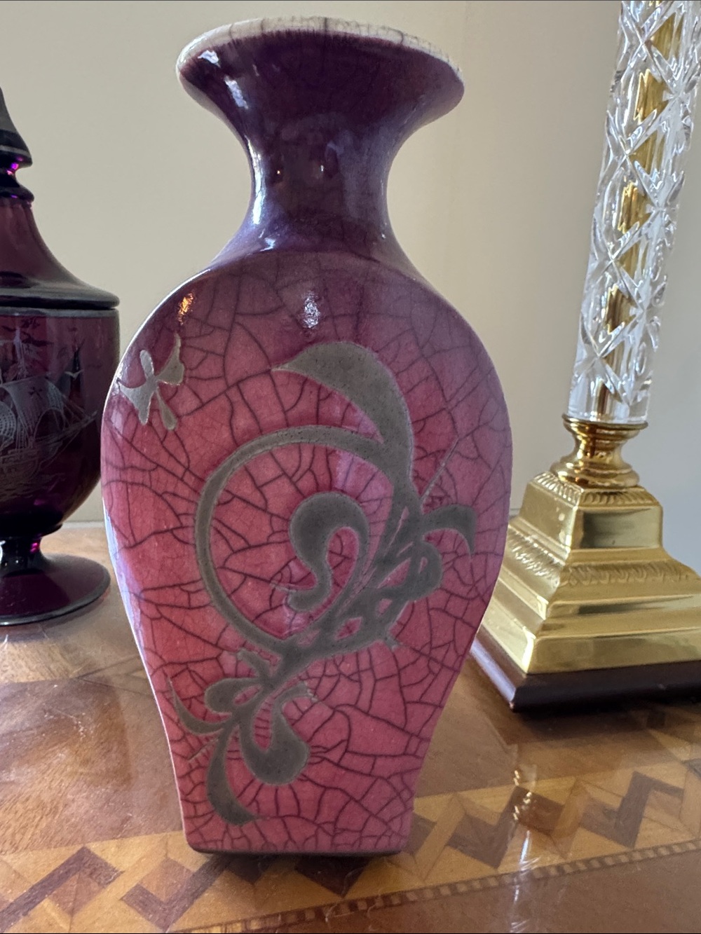 Purple Crackle Ceramic Vase with Gray Scroll Accent - Unbranded